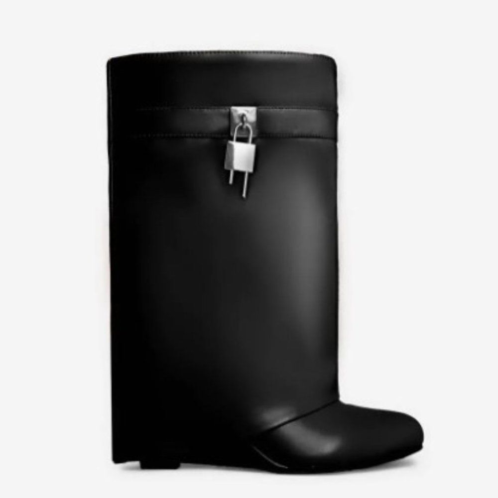 BLACK WEDGE BOOTIE WITH OVERLAP SKIRT WITH GOLD LOCKET CHARM